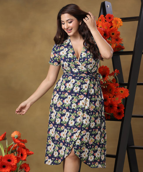 Deep Vneck Printed Chiffon Dress